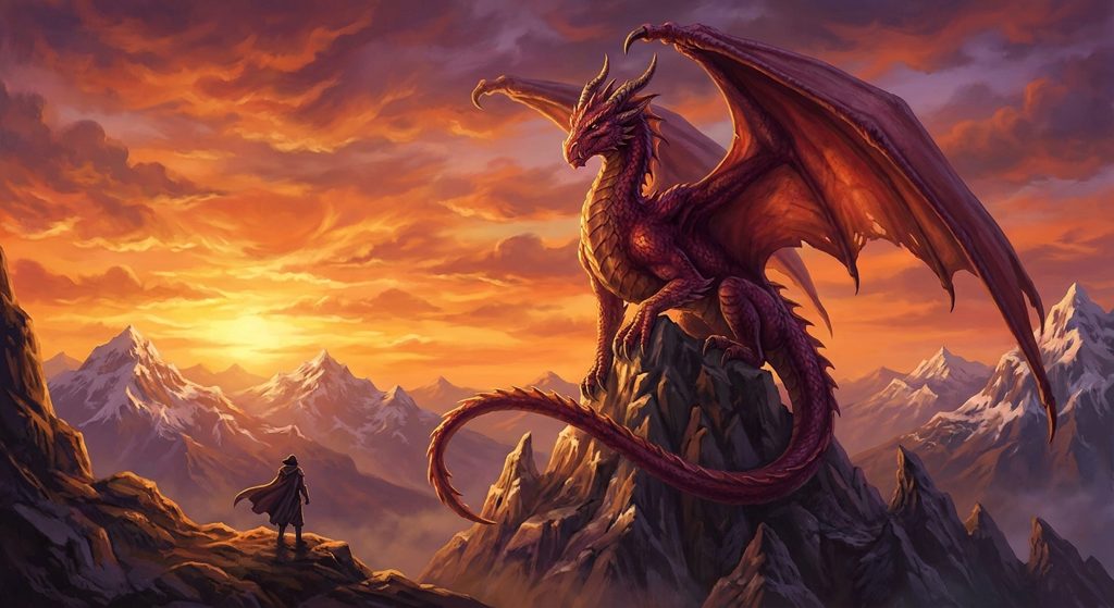 Red dragon on a mountain peak at sunset