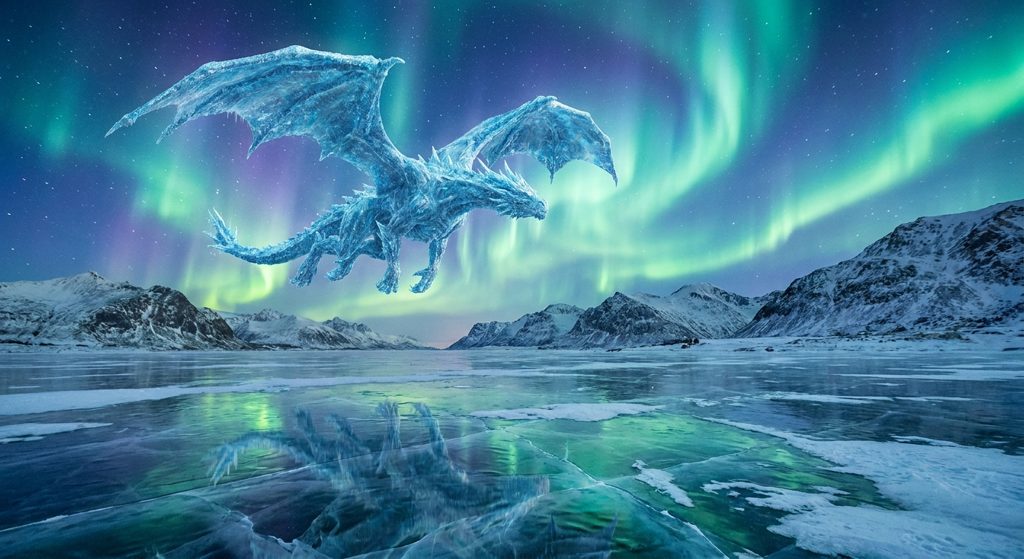 Crystalline ice dragon over a frozen lake