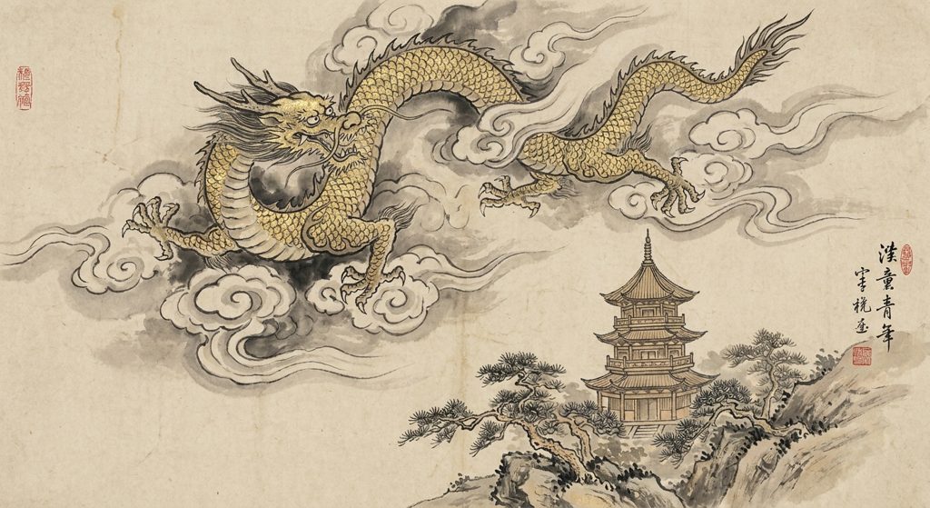 Golden Chinese dragon in clouds above a pagoda