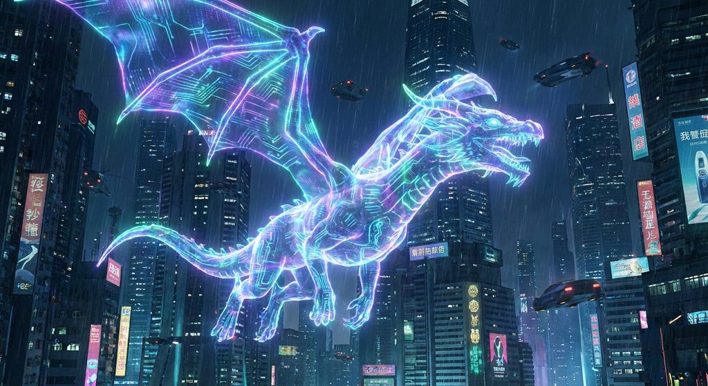 Neon cyberpunk dragon in a futuristic city