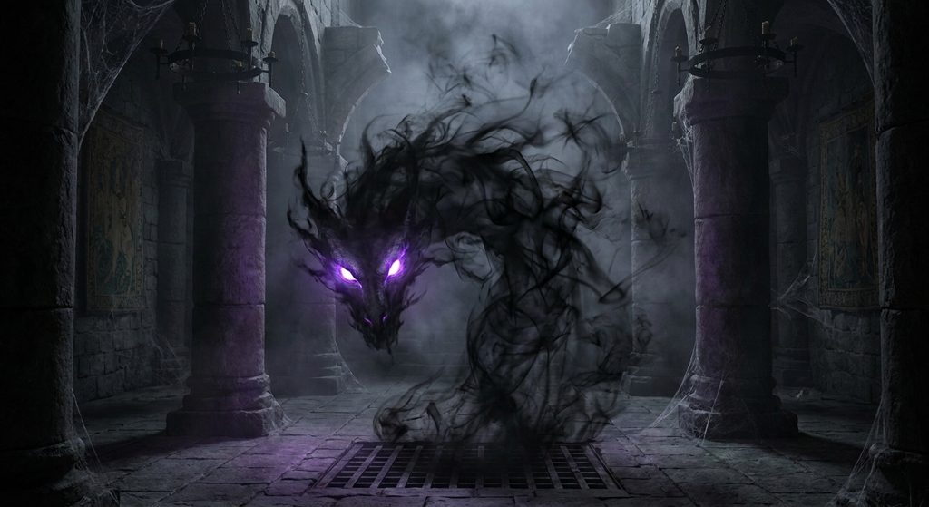Black shadow dragon with glowing purple eyes