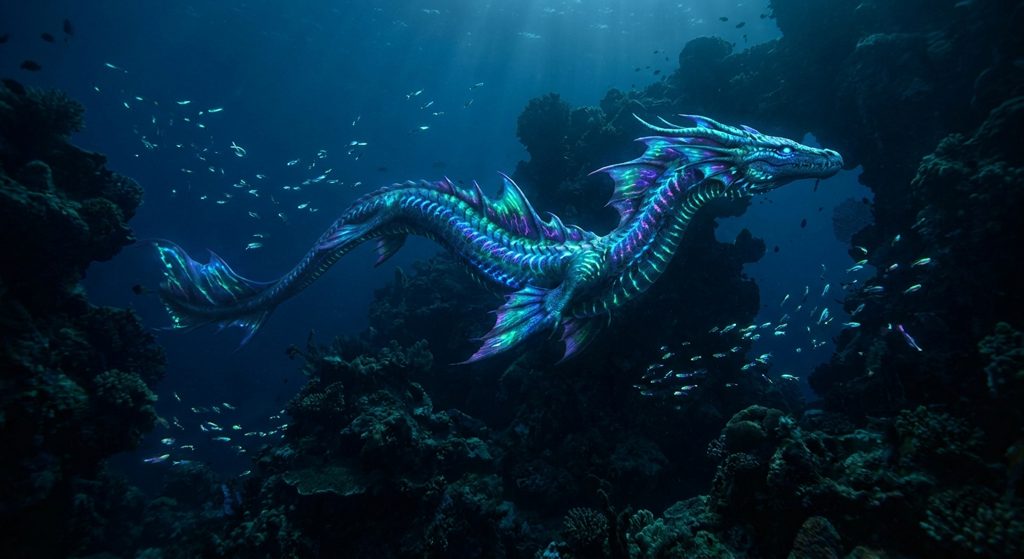 Bioluminescent sea dragon among coral reefs