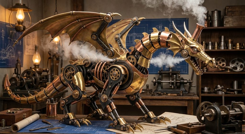 Steampunk mechanical brass dragon