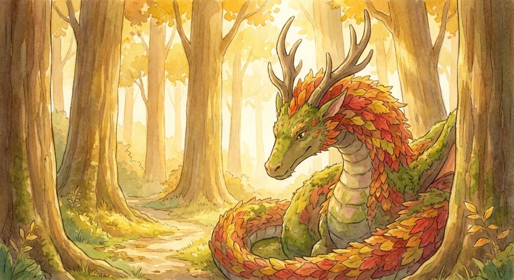 Autumn forest dragon with leaf-covered scales