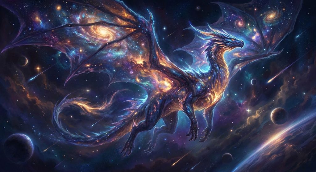 Cosmic galaxy dragon soaring through space